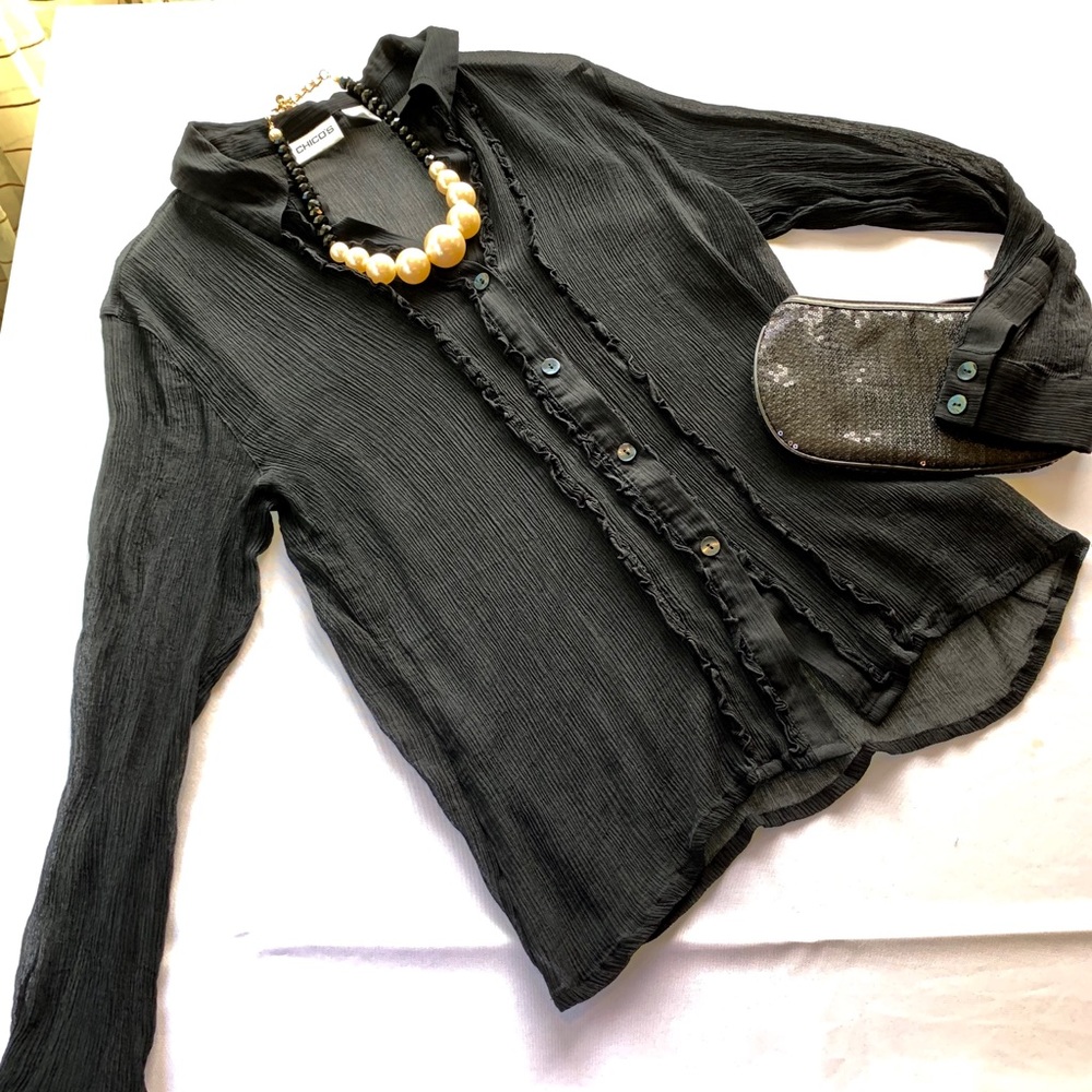 Chico’s size 2 sheer black silk tux ruffle blouse